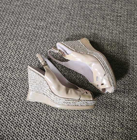 Stuart Weitzman Patent Leather Slingback Woven Wedge Platform Wedges - Picture 6 of 16